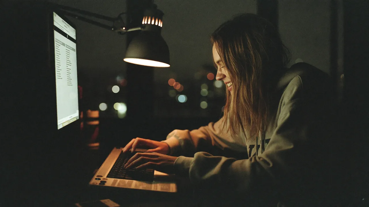 A chatter at a laptop under a desk lamp, late at night