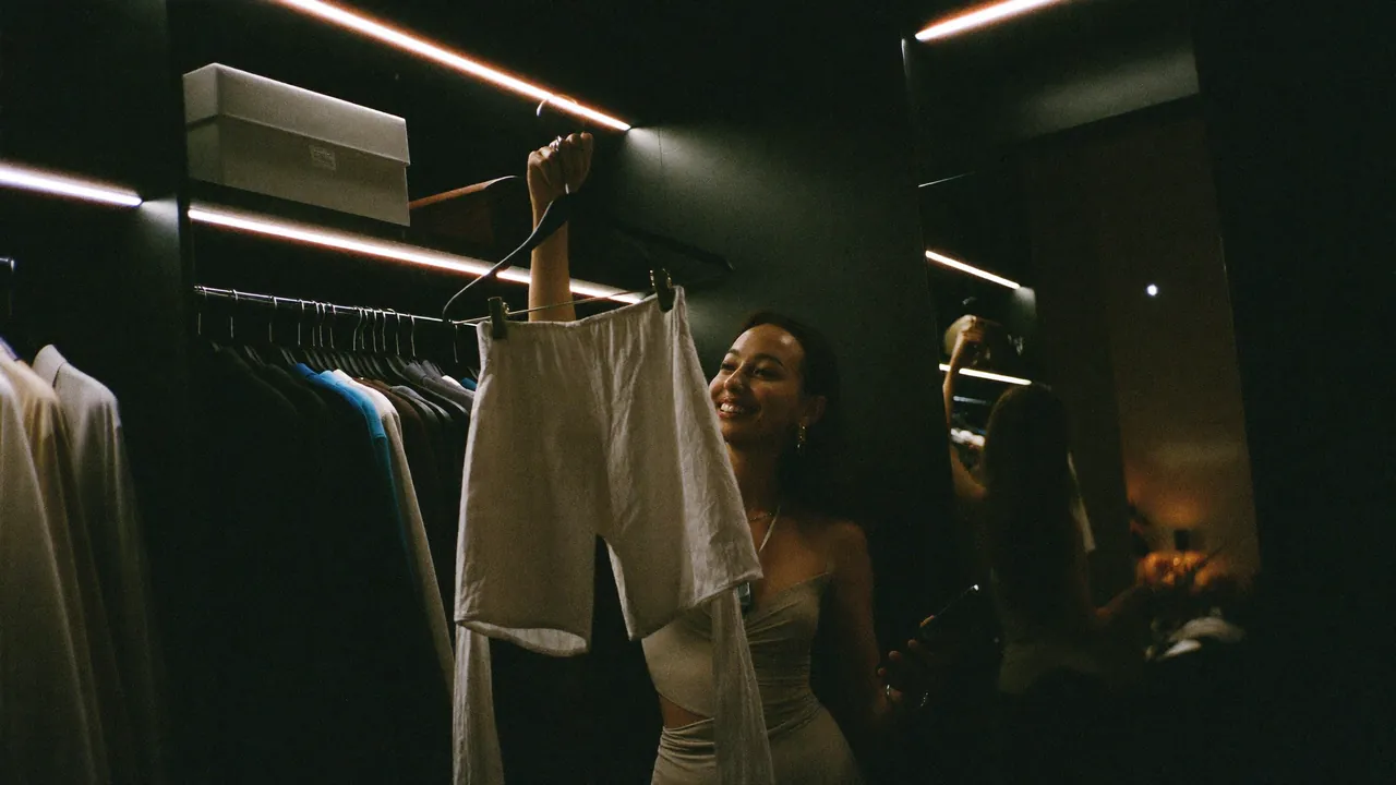 A creator choosing an outfit in a dim dressing room