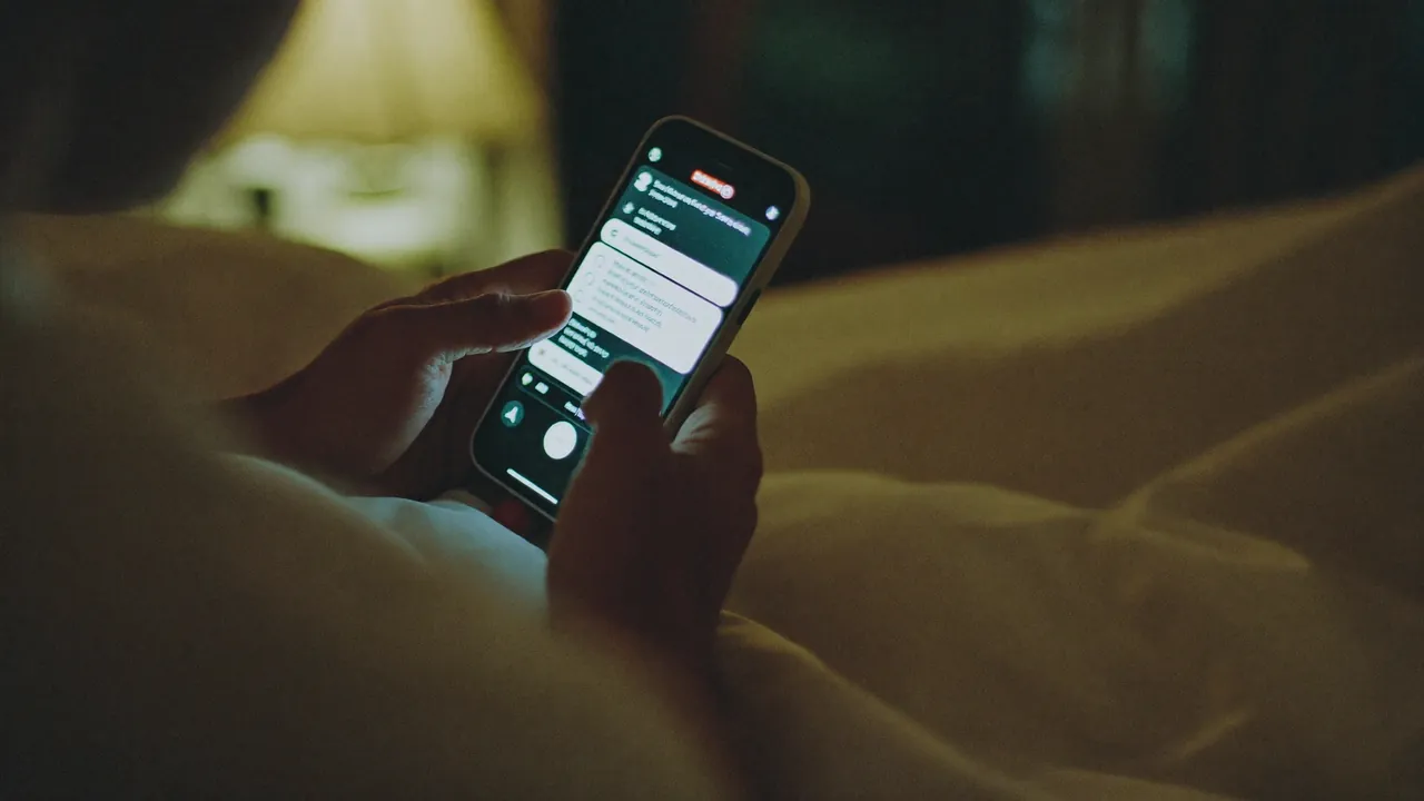 Des mains tenant un téléphone dans un lit, une conversation ouverte